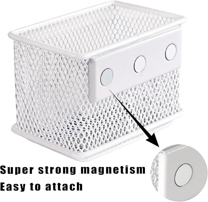 White Magnetic Basket, Magnetic Pencil Holder for whiteboard, Wire Mesh Magnetic Refrigerate Organizer, Magnetic shelf Desktop Storage, 3.42'' x 2.36'' x 2.55'',Set of 4
