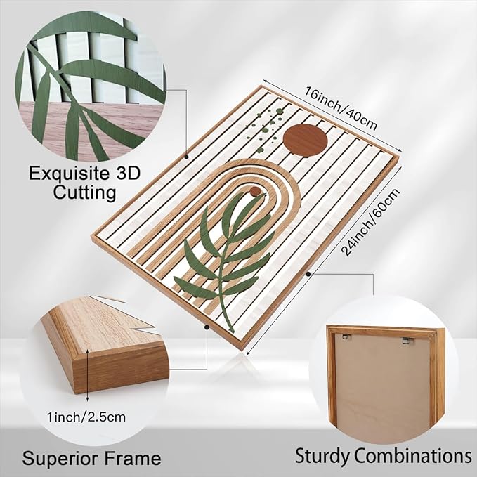 Large Boho Mid Century Wood Wall Art Set Modern Bohemian Wooden Wall Decor Minimalist Leaf Art Decor Abstract Geometric Wall Sculptures for Living Room Bedroom Office-16x24Inchx3