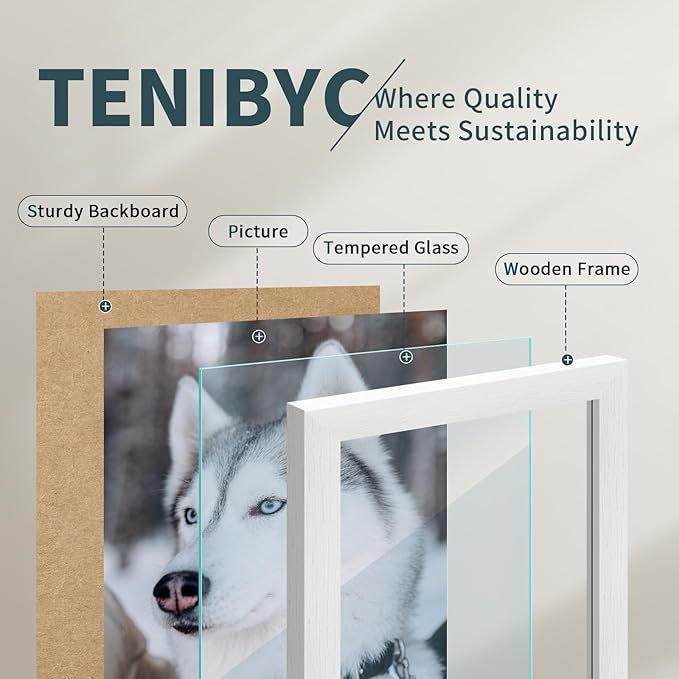 8x10 Picture Frame Set - 3 Pack, Textured White Solid Wood, HD Tempered Glass, Gallery Photo Frame, Table or Wall Display