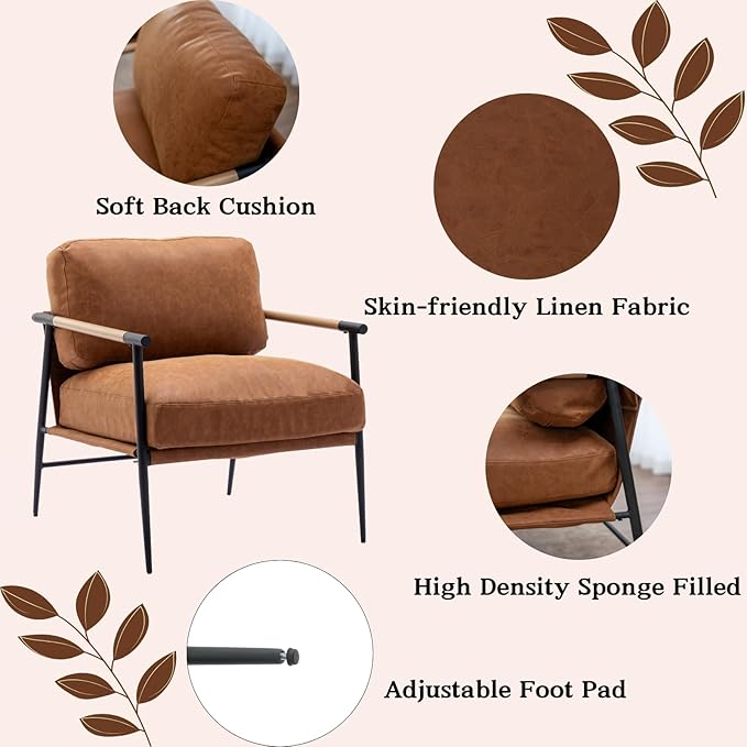 Mid-Century Accent Chair, Soft Armchair PU Leather Lounge Chair with Black Metal Legs, Upholstered Leisure Chair for Living Room Bedroom Reception Room, 1PC, Brown