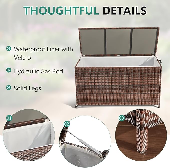 HOMREST Large Deck Box, Outdoor Wicker Storage Container with 70 Gallon, Patio Rattan Furniture for Garden Tools, Pillows, Pool, Brown