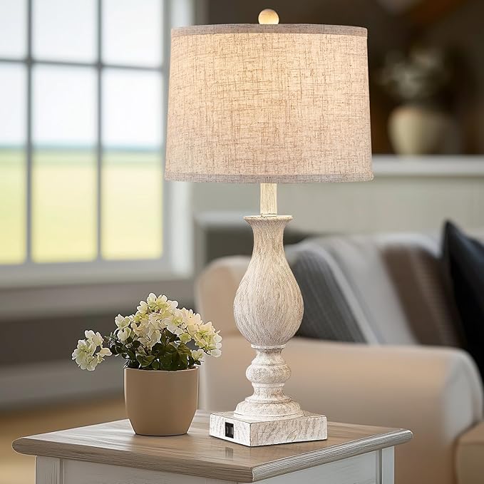 28'' Tall Farmhouse Table Lamps for Living Room, Bedroom Lamps Set of 2 with USB C+A Charging Ports, Rustic Farmhouse Nightstand Lamps for Bedside, Traditional Side Table Lamp with Fabric Shade