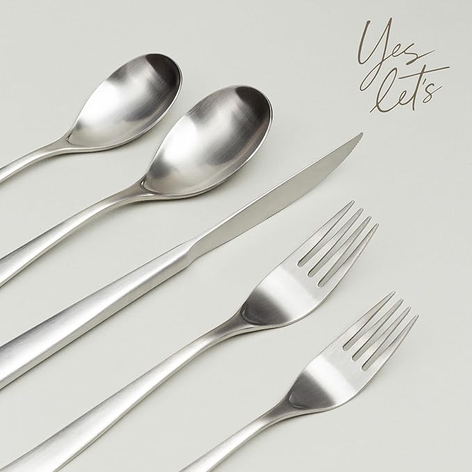 over&back 20pc Curved Flatware Cutlery Set - Comes with 4 Dinner Forks, 4 Salad Forks, 4 Dinner Knives, 4 Dinner Spoons, and 4 Teaspoons - 18/8 Stainless Steel - Dishwasher-Safe - Brushed Stainless