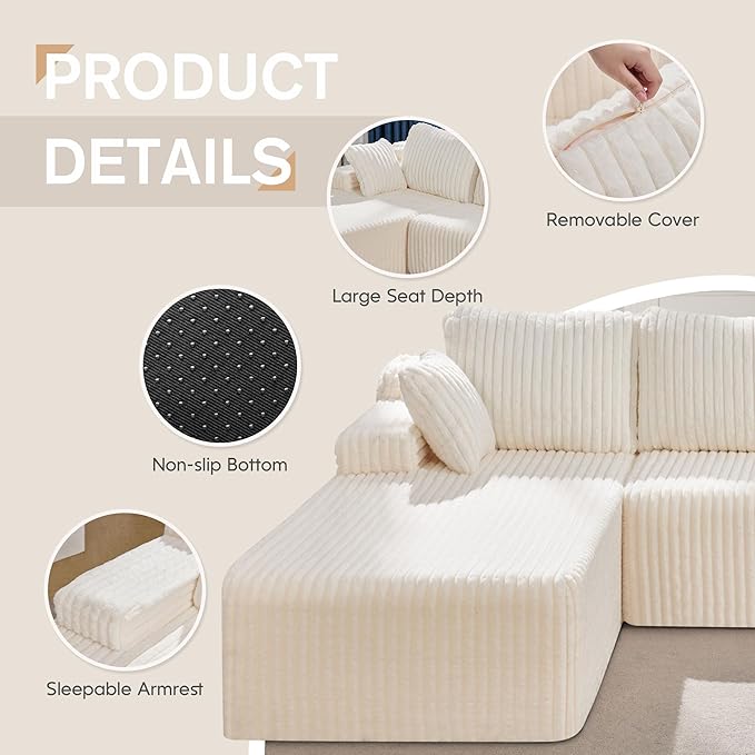 Hobestluk Modular Sectional Sofa Couches 108" L-Shape Couch 3 Seat Modular Sofa Memory Foam Sectional Couches for Living Room, Boneless Couch with Oversized Chaise (White, Left Facing)