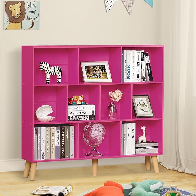 LEYAOYAO 10 Cube Bookshelf,3 Tier Modern Wide Bookcase with Legs,Mid-Century Wood Bookshelves Storage,Pink Large Book Case,Freestanding Organizer Display Shelf for Bedroom,Living Room,Office