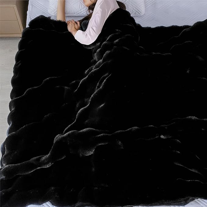 Black Fluffy Thick Fur Throw Blanket 50x60 for Bed Couch Office Chair Bunny Soft Blanket for Adults Gift Home Living Room Decorative Decor 860 GSM