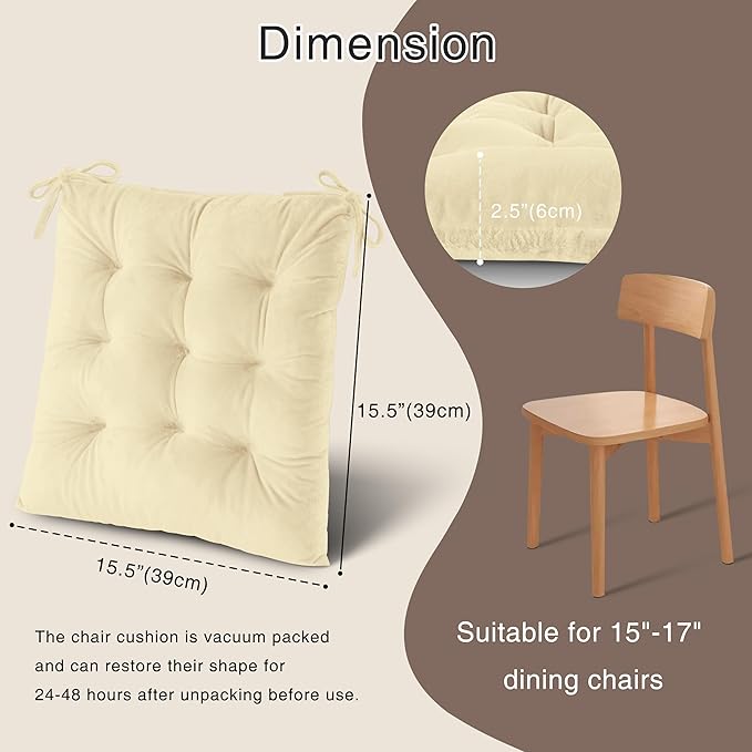 OVOV Chair Cushions for Dining Chairs Set of 6 Tufted Indoor Chair Pads with Ties Soft Square Seat Cushions for Kitchen Chairs 15.5"x15.5",White
