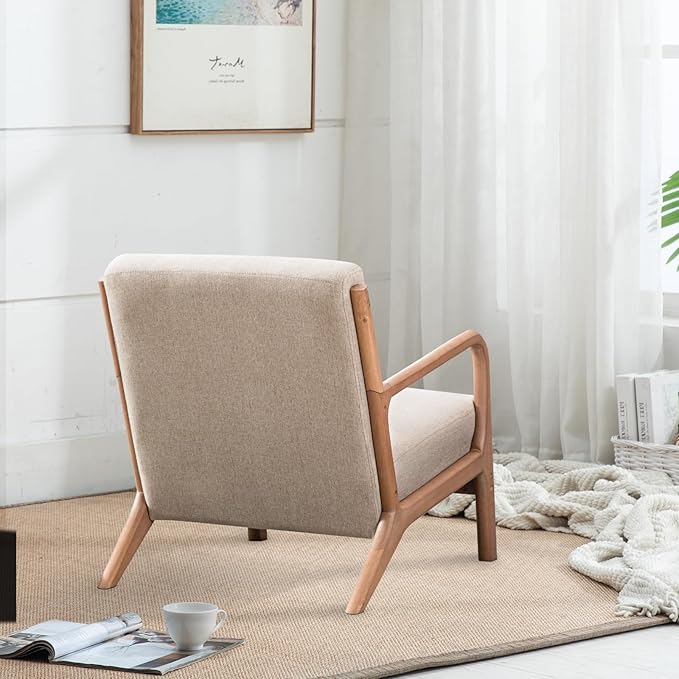 INZOY Mid Century Modern Accent Chair with Wood Frame, Upholstered Living Room Chairs with Waist Cushion, Reading Armchair for Bedroom Sunroom (Beige)