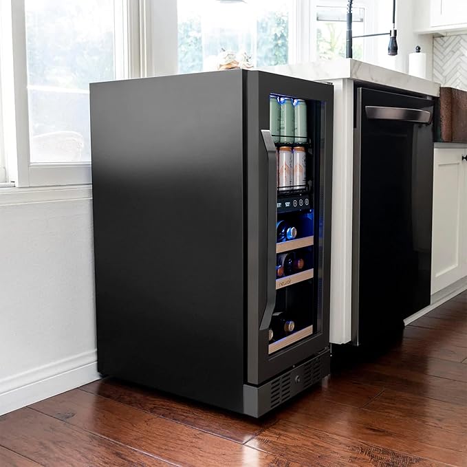 Newair 15" Wine and Beverage Refrigerator 9 Bottle and 48 Can Capacity, Beverage Cooler in Stainless Steel, Built-in or Freestanding Dual Zone Drink Fridge with Triple-Pane Glass Door
