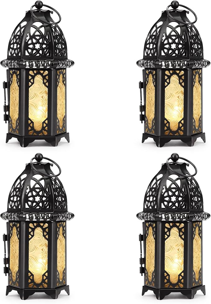 Metal Candle Holder 4PCS Transparent Glass Moroccan Style Hanging Lanterns Creative Wedding Home Tabletop Decoration Birdcage, Black