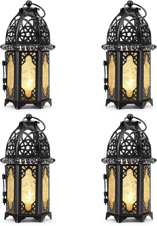 Metal Candle Holder 4PCS Transparent Glass Moroccan Style Hanging Lanterns Creative Wedding Home Tabletop Decoration Birdcage, Black