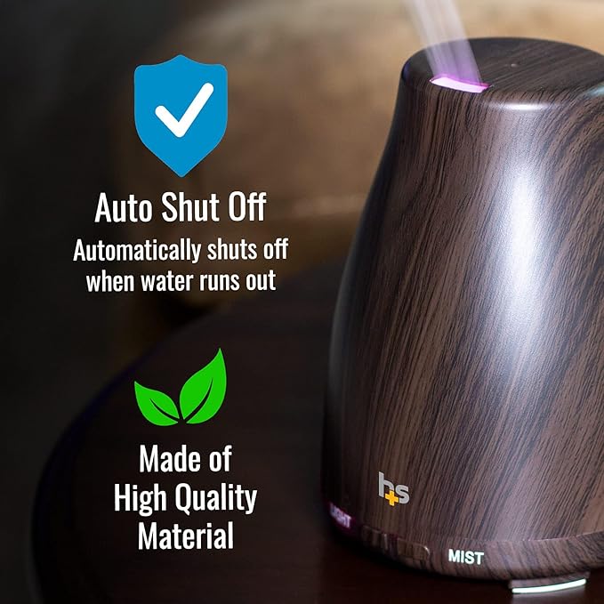 HealthSmart Essential Oil Diffuser, Cool Mist Humidifier and Aromatherapy Diffuser with 150ML Tank Ideal for Small Rooms, Adjustable Timer and Mist Mode, Wood Grain Brown (Pack of 2)