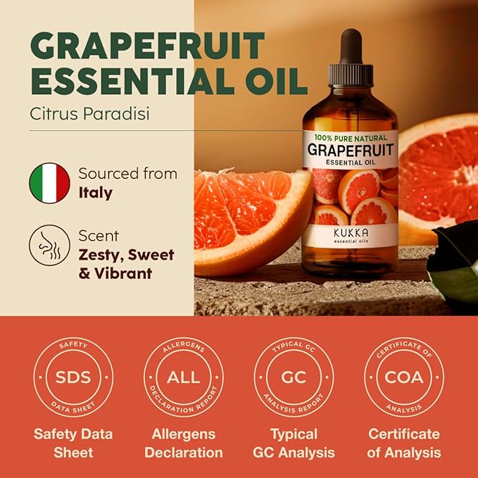 Kukka Grapefruit Essential Oil for Skin - 4 Fl Oz - 100% Natural Aromatherapy Grapefruit Oil for Diffuser & Hair - Soap Making Scent & DIY