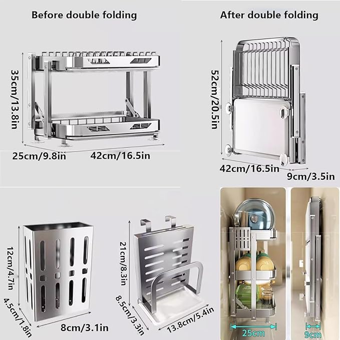 Dish Drying Rack with Drain Board - Rustproof Stainless Steel Dish Rack with Utensil Holder,Dish Racks for Kitchen Counter Over Sink,Over-Sink Drying Rack(Wall-Mounted,Third Floor)