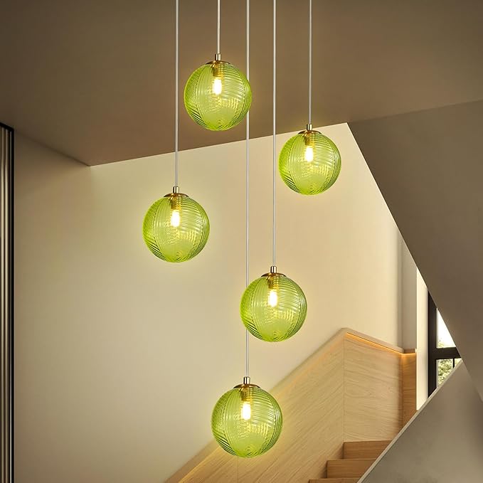 5-Light Chandelier, Globe Green Glass Flush Mount Pendant Light,15W Ceiling Hanging Light for Staircase Foyer Entryway Living Room Hotel Kitchen Island(3000K,G9 Bulbs Include)