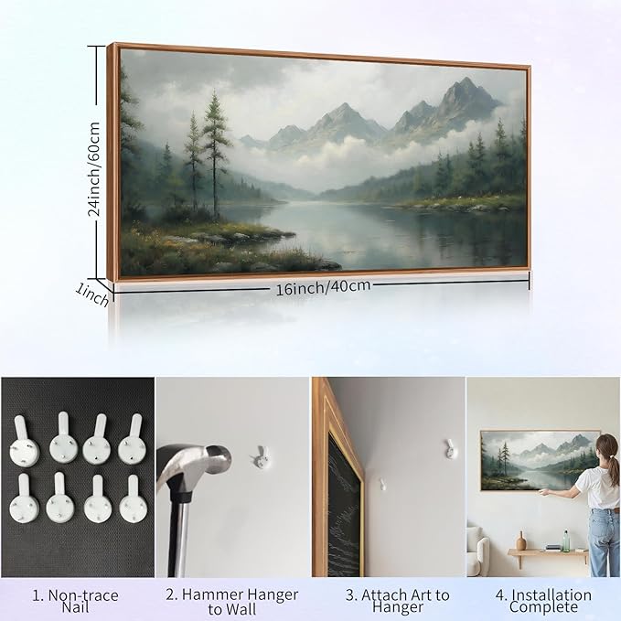 SIGNINART Large Misty Mountain Framed Canvas Wall Art, Green Forest River Scenery Wall Decor, Modern Foggy Wooden Landscape Artwork, Oil Style Nature Art Print for Living Room Bedroom Office 20"x40"