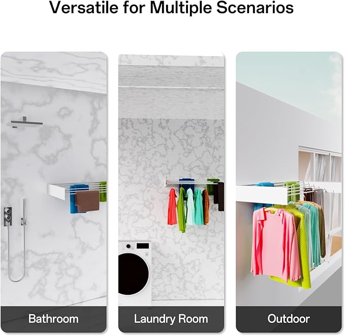 Wall Mounted Drying Rack for Laundry 40'', Folding Drying Rack Clothing Wall Mount with 5 Rods, Space Saving for Indoor Outdoor Bathroom Balcony (White, 40'')