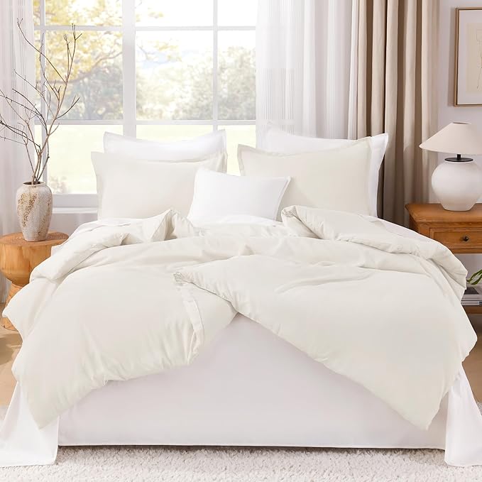 Litanika Ivory Comforter Set Full Size, 3 Pieces Lightweight Solid Bedding Comforter Set, All Season Fluffy Bed Set (79x90In Comforter & 2 Pillowcases)