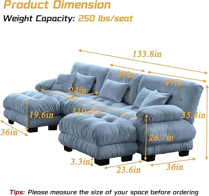 Modular Sectional Sofa, Comfy Cloud Couch 3 Seater Couch with Ottoman, Sectional Couches for Living Room, Modern Chenille U Shaped Couches, Sleeper Deep Seat Sofa with Throw Pillows, Blue