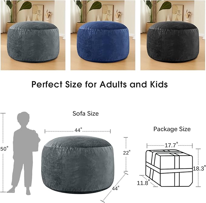 Bean Bag Chairs for Adults - Memory Foam Furniture BeanBag Chair - Kids/Teens Sofa with Soft Micro Fiber Cover - Round Fluffy Couch for Living Room Bedroom College Dorm - 4 ft, Grey