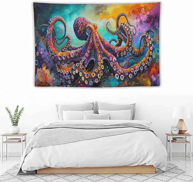 Octopus Tapestry Octopus Tapestries Ocean Navy Coastal Fabric Wall Hanging Aesthetic Space Indoor Outdoor Wall Art Tablecloth Bedspread for Bedroom Dormitory Living Room Home Decor 40"x60"