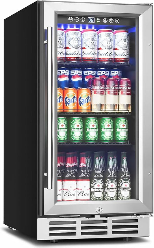 15 Inch Beverage Refrigerator Under Counter - 126 Cans Beverage Fridge with Glass Door for Beer Wine Soda - Built-in or Freestanding Wine Cooler with Safety Lock for Home Kitchen Bar