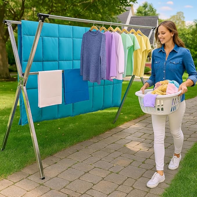 Clothes Drying Rack Folding Indoor Outdoor, Foldable Portable Laundry Drying Rack, Heavy Duty Laundry Hanger Dryer Rack with 20 Hooks (79.55'')