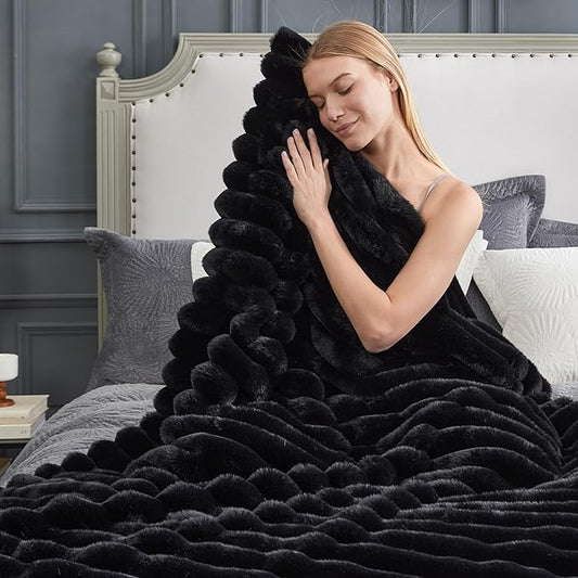 Cozy Bliss Faux Fur Throw Blanket for Couch, Cozy Warm Plush Striped Blanket for Sofa Bedroom Living Room,60 * 80 Inches Black