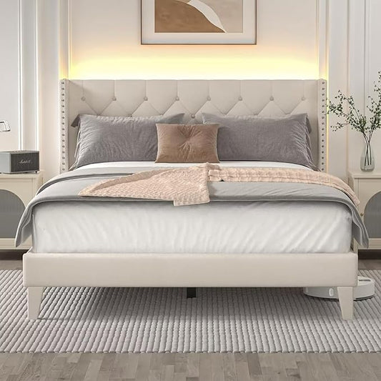 King Size Bed Frame with LED Lights, Upholstered Bed Frame with Wingback Diamond Tufted Headboard, Wood Slats Support, Noise-Free, Easy Assembly, No Box Spring Needed, Beige