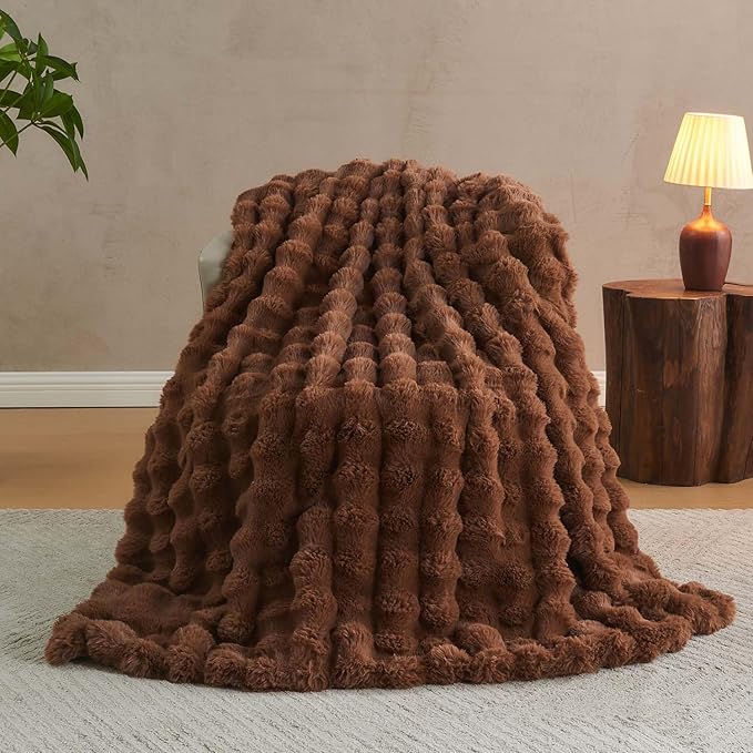 Lotus Karen Faux Fur Throw Blanket Dark Coffee - Big Bubble Rabbit Fluff Blanket for Couch Bed Sofa,Softest Fluffy Fuzzy Cozy Blanket,Thick Furry Plush Shaggy Warm Blankets for Women,90x90 Inches