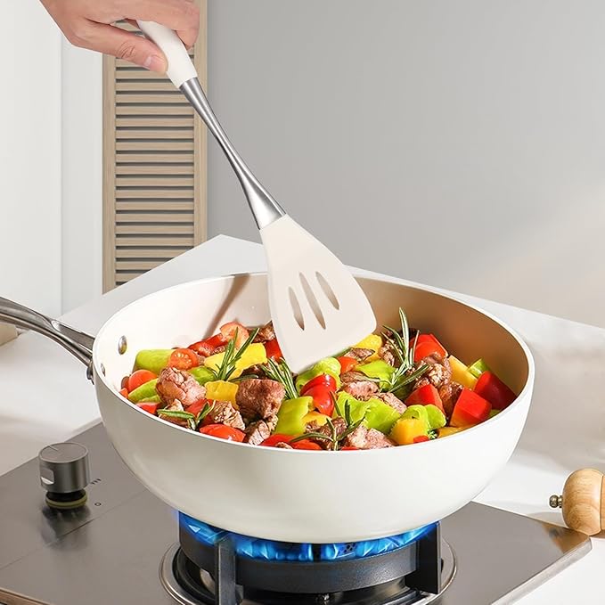 Premium White Silicone Cooking Utensils Set-Non-Toxic, Heat Resistant, BPA Free Kitchen Utensils Set with Spatula, Spoon, Whisk & Tongs-Non-Stick& Dishwasher Safe for Nonstick Cookware