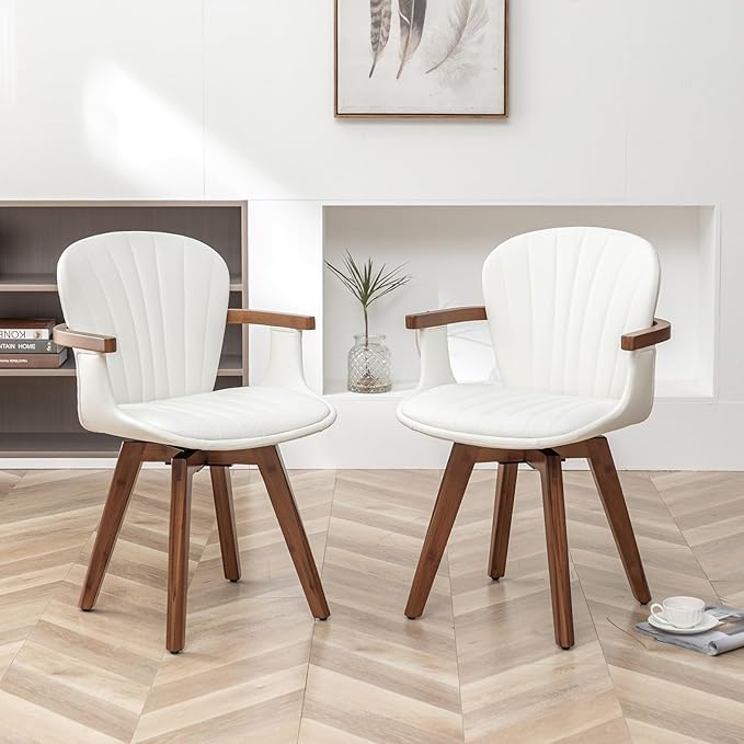 LUNLING Swivel Dining Room Chairs Set of 2,Mid Century Modern White Faux Leather Kitchen Chair with Arms,Bamboo Legs Side Chairs No Wheels,Accent Chair for Dining Rooms and Offices