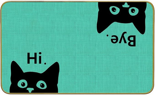 Mingnei Hi Bye Cat Welcome Doormat for Home Kitchen Entrance, Funny Black Cat Lover Floor Mat for Indoor/Outdoor Entryway Rug 30x17 (Green)
