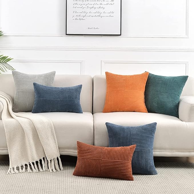 Fancy Homi 2 Packs Grey Decorative Throw Pillow Covers 20x20 Inch for Living Room Couch Bed Sofa, Rustic Farmhouse Boho Home Decor, Soft Corss Corduroy Patchwork Accent Square Cushion Case 50x50 cm
