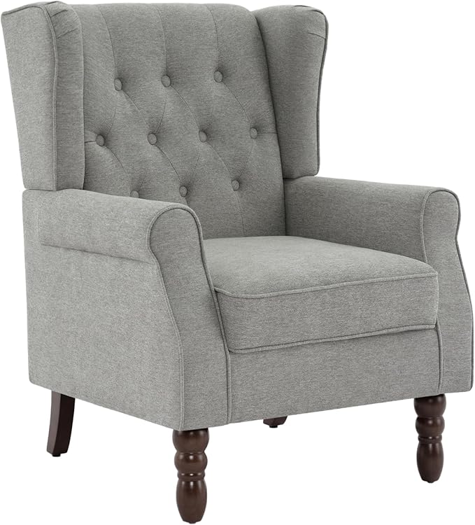 UIXE High Back Accent Chair, Upholstered Armchair in Fabric, Retro Wingback Arm Chair for Living Room, Comfy Single Sofa Bedroom Reading Seat with Solid Wood Legs - Light Gray
