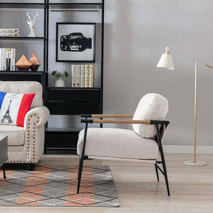 Mid-Century Accent Chair Set of 2, Soft Armchair Chenille Fabric Lounge Chair with Black Metal Legs, Upholstered Leisure Chair for Living Room Bedroom Reception Room, Beige