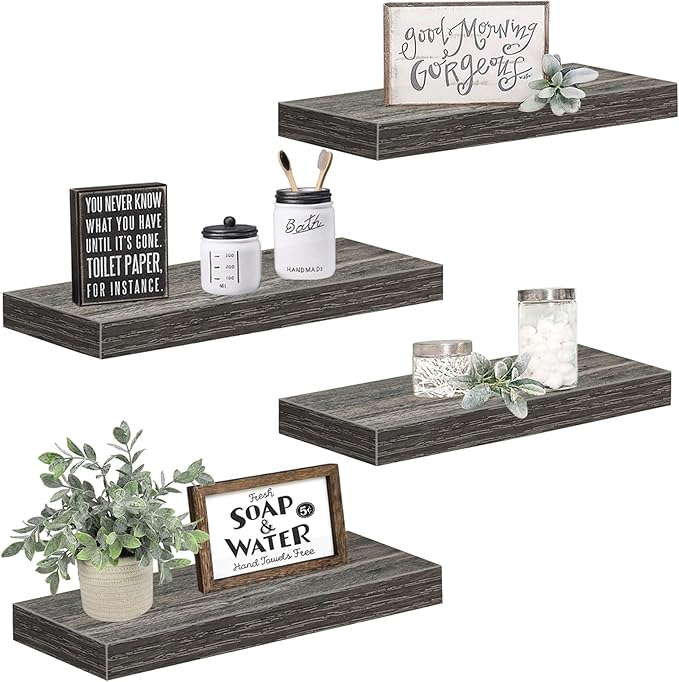 QEEIG Floating Shelves for Wall Bathroom Shelf Bedroom Kitchen Living Room Farmhouse Small Book Shelf 16 inch Set of 4, Grey (015-GY4)