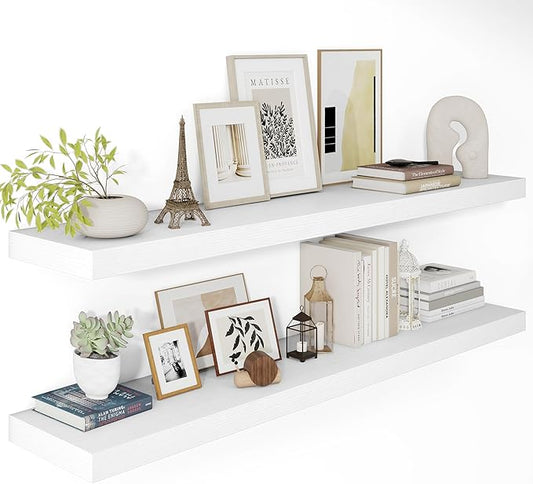White Floating Shelves for Wall, 48 Inch X 12 Deep Shelves for Room Wall Mounted,2" Thick Heavy Duty Holds 75lbs Floating Shelf for Bedroom Bathroom Kitchen Laundry Room, Set of 2