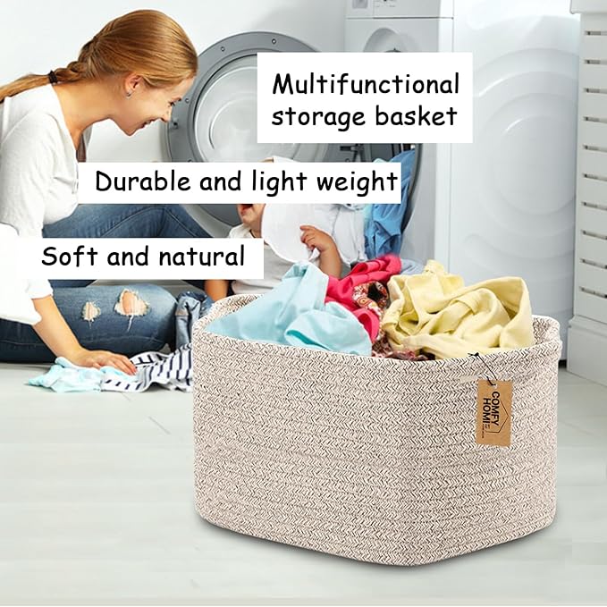 COMFY-HOMI 3PACK Cotton Rope Woven Basket With Handles for Shelves, Toy, Book, Cloth Storage Basket for Organizing|13.5" x 11" x 9.5" Decorative Nursery Cube Bin for Living Room(all brown)