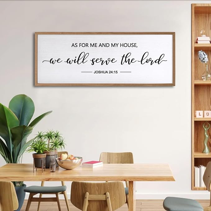 As For Me And My House We Will Serve The Lord Framed Wall Art, 32''×12'' Horizontal Positive Religious Rustic Bible Verse, Vintage Holy Catholic Scripture Decor for Christian God Jesus Christ Prayer