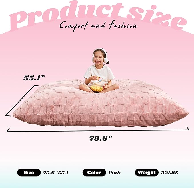 Hobestluk 3 in 1 Bean Bag Chair Giant Bean Bag Chairs for Adults with Plaid Cover Convertible Bean Bag Floor Cushion with Machine Washable Cover for Living Room (Plaid Pink)