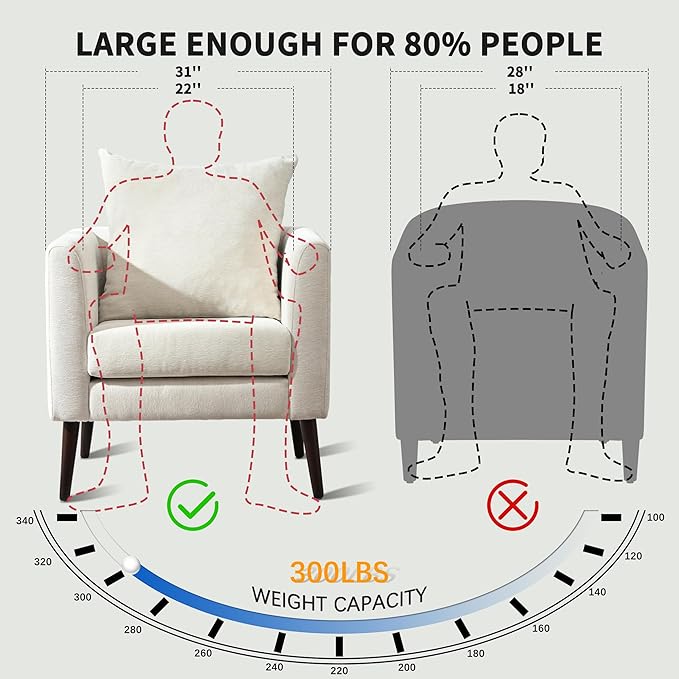 Barrel Accent Chair with Back Pillow, Large Upholstered Armchair with Solid Wood Legs Modern Reading Chairs for Living Room Bedroom