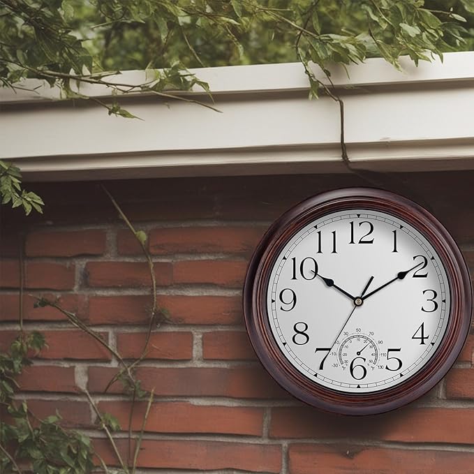 12 Inch Outdoor Wall Clock with Thermometers, Vintage Silent Wall Clocks Battery Operated, Retro Non-Ticking Clock Decorative for Living Room, Patio, Kitchen, Office, Bathroom, Bedroom(Bronze)
