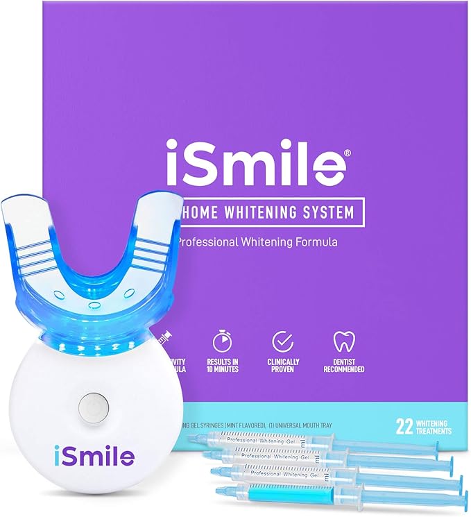 iSmile Teeth Whitening Kit - LED Light, 35% Carbamide Peroxide, (3) 3ml Gel Syringes, (1) Remineralization Gel, and Tray.