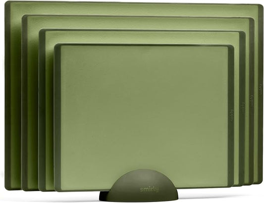 SMIRLY Plastic Cutting Board Set with Holder 4 Pieces, Non-Slip Dishwasher Safe Chopping Boards for Kitchen, Green