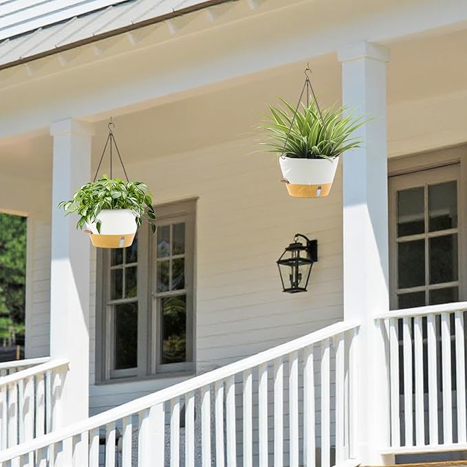 ZMTECH 10 Inch Hanging Planters for Outdoor Plants, Hanging Pots for Plants Indoor with Visible Water Level, Hanging Flower Basket with Drainage Holes & Removable Tray(2 Pack, White)