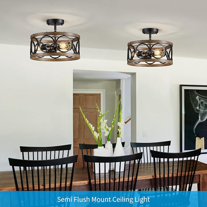 XINGQI Black Ceiling Light Adjustable Height Chandelier Modern Farmhouse Pendant Lighting Fixture Wood Grain Metal 13" Rustic Round Lights for Dining Room Kitchen Bedroom Entryway