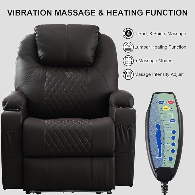 Power Recliner Chair with Heat and Massage, PU Leather Home Theater Seating with LED Lights/Cup Holders/Side Pocket/USB Port, Reclining Sofa Chair for Living Room (1, Brown)