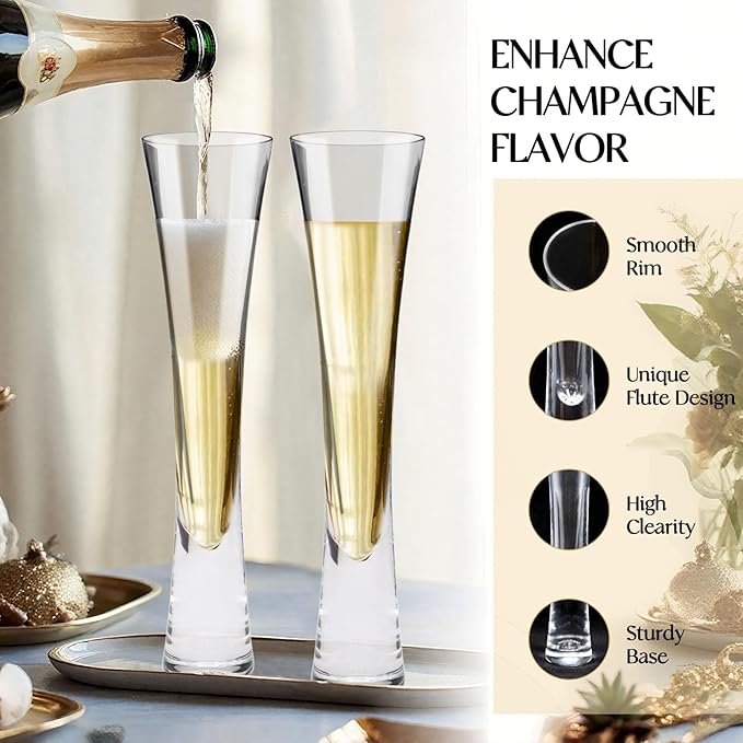 Champagne Flutes Set of 2, Hand Blown Crystal Champagne Glasses, Modern Unique Design, Lead-Free Prosecco Flutes, Elegant Toasting Glasses Gift for Wedding, Anniversary, Birthday, Christmas