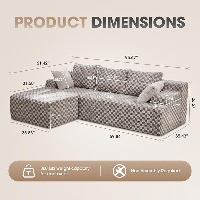 Hobestluk 96” Modular Sectional Sofa Couches L-Shape Couch 3 Seat Modular Sofa Memory Foam Sectional Couches for Living Room, Cloud Couch with Oversized Chaise (Grey, Checked (Left Facing Chaise))